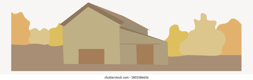 village house on a white background. village, ranch. brown barn. landscape. frame, border at the bottom and top of the page. eco food production. vector eps 10