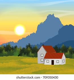 Village house with a red roof on a green lawn against a spruce forest and mountains. Sky, sun and clouds. Vector landscape can be used in newsletter, brochures, banner.