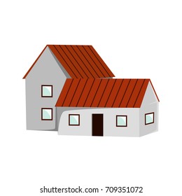 A village house with a red roof, two floors and an annex to one floor. Life in the suburbs. Vector can be used in newsletter, brochures, postcards, banner. isolated on white background