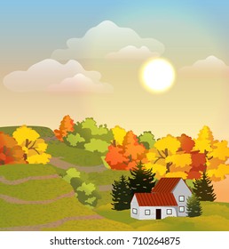 A village house with a red roof, two floors and an annex to one floor. Life in the suburbs. Meadow, hills and autumn forest from deciduous and coniferous trees. Autumnal vector landscape