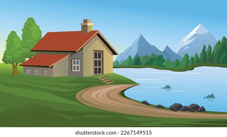 Village house at river side. river bank. forest house. farm house. indian rural house. Indian style