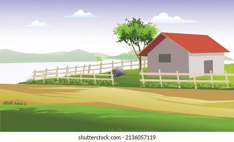 Village House Road Indian Village Eco River Side Environment Landscape With Tree And Sky Cloud 