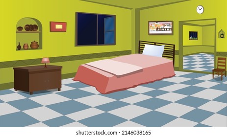 Aldea casa dentro del fondo de caricatura con cama acogedora, mesa, ventana, puerta, silla ilustración vectorial.