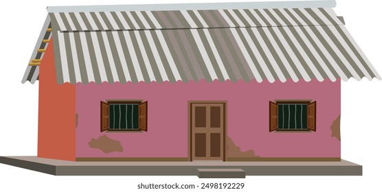 village house rural Indian house pink building old village home isolated on white background. mud wall and tin shade roof