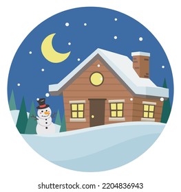 A village house with a snowman against the background of the moon and winter forest