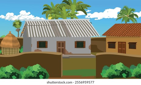 Village house sorrounded by mud wall and  trees,banana trees and bushes.Poor Farmer hut yard background