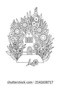 Village House In Sunflowers And Cornflowers Garden Vector Linear Illustration For Coloring. Coloring Page With Cute House In Flowers.