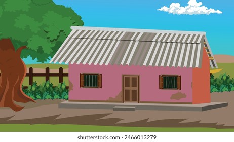 Village house with tin shade roof, Field and blue sky in background. Indian 
rural house 