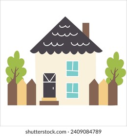 village with house and trees vector flat illustration. Colorful cozy buildings. Residential homestead, cottage or villa surrounded by green plants