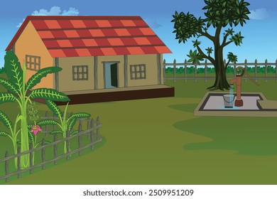 Village house with tubewell and buckets filled with water, surrounded by banana trees, house view - cartoon background, vector illustration design