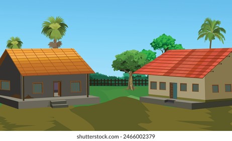 Village house yard, Asian Indian village home background for cartoon animation with cottage, hut, fence and natural landscape