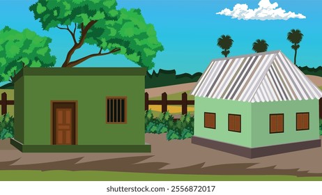 Village house yard in a farmland.House compound vector illustration for 2d cartoon animation