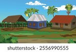 Village house yard with hut and a cowshed sorrounded by fench,palm tree,coconut tree,banana trees,bushes and dirt road beneath a coludy blue sky