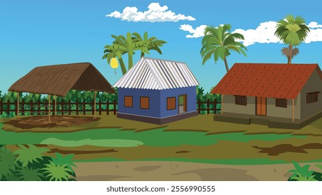 Village house yard with hut and a cowshed sorrounded by fench,palm tree,coconut tree,banana trees,bushes and dirt road beneath a coludy blue sky