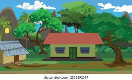 
Village house yard with two huts and beside a rural road in front of a hill and beneath a cloudy blue sky