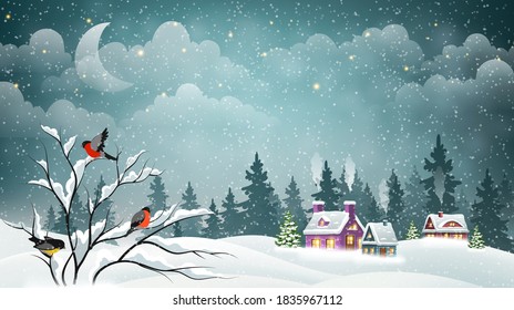 Village houses covered with snow in a pine forest and bullfinches on a branch. Winter Christmas landscape