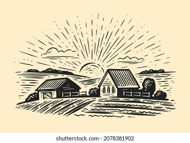 Village houses and farmland in sketch style. Rural natural landscape with fields