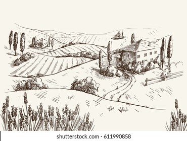 village houses and farmland. vector sketch drawn by hand on a grey background