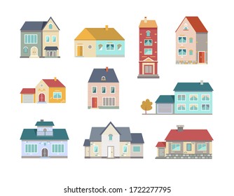 Village houses flat icon collection. Front view of small town buildings and apartments vector illustration set. Exterior and constructions facade concept