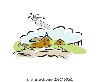 "Village, houses, greenery, countryside, illustration"