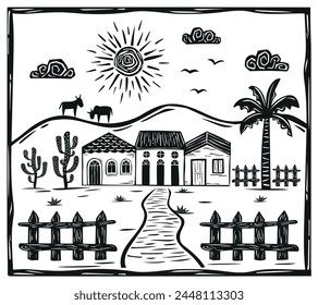 Village of houses in the interior of the country. Fence, cows, mountains and vegetation. Woodcut style illustration of northeastern cordel