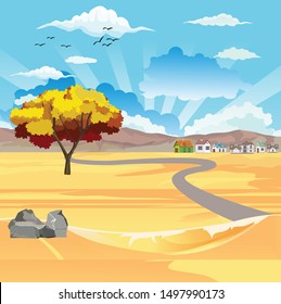 Village houses on the edge of the desert, vector landscape