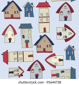 Village Houses, Pencil Drawing - colorful seamless vector pattern