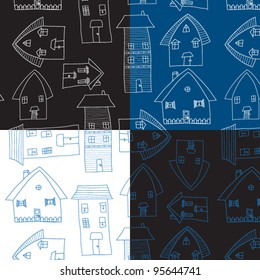 Village Houses, Pencil Drawing - four graphic seamless vector patterns