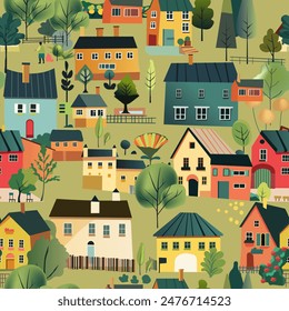 Village Houses Seamless Pattern vector