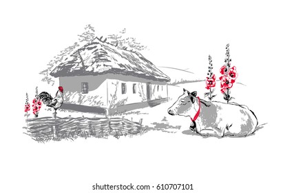 Village houses sketch with food. Vector image.