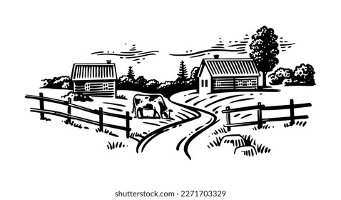 Village houses sketch. Rural landscape countryside.