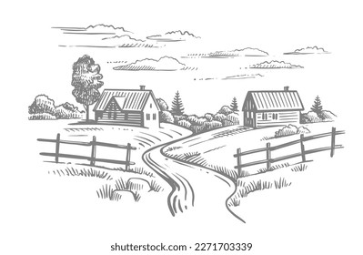 Village houses sketch. Rural landscape countryside.