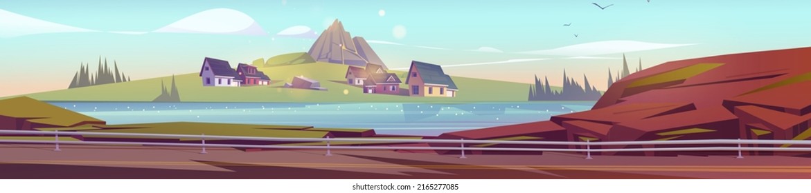 Village With Houses, Sleeping Volcano, River And Car Road. Vector Cartoon Illustration Of Summer Landscape With Highway, Lake And Green Valley With Cottages And Mountain