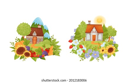 Village Houses Standing on Meadow with Winding Path Surrounded by Circular Crop and Flower Arrangement Vector Set svg