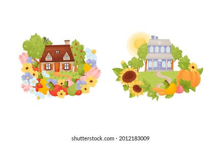 Village Houses Standing on Meadow with Winding Path Surrounded by Circular Crop and Flower Arrangement Vector Set svg