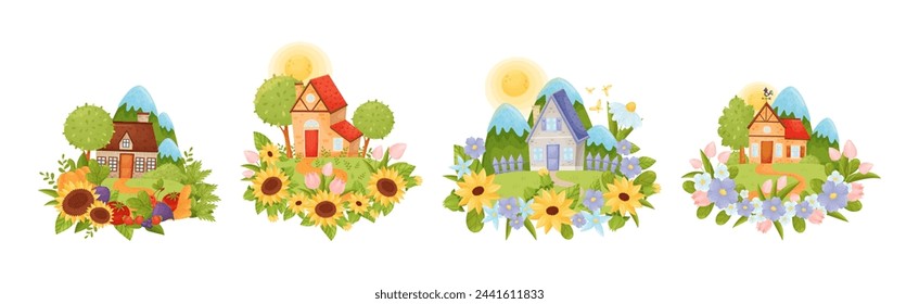 Village Houses Standing on Meadow with Crop and Flower Vector Set