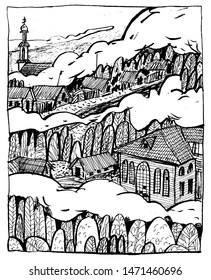 Village houses, trees, church and smoke. Black and white illustration, perfect for use in publications, packaging design, prints, posters, souvenirs.
