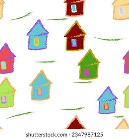 casas de pueblo. Patrón vectorial abstracto sin costura pintado con pincel artístico.