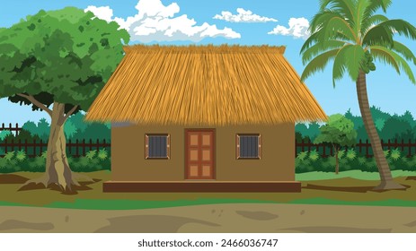 Village hut background for 2d cartoon animation. Indian house yard. Asian rural hut cottage and tree