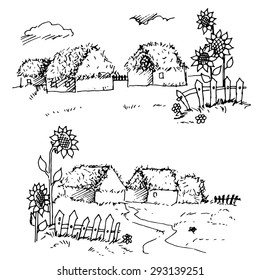village village hut and sunflowers drawing contour vector