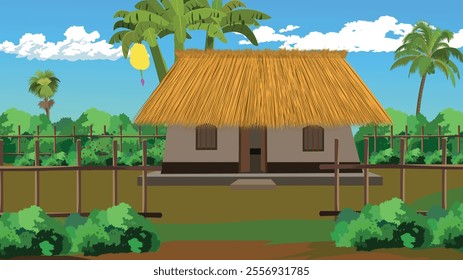 Village hut with thatched roof made of straw In a forest sorrounded by trees.Rural cottage house vector illustration