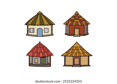 Village huts collection, flat cartoon vector of rural cottages and shelters isolated on white background for authentic village icons