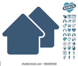 Village icon with bonus amour graphic icons. Vector illustration style is flat iconic cyan and blue symbols on white background.