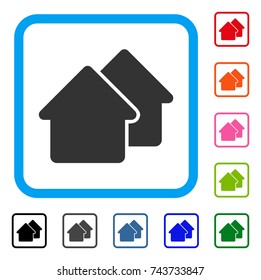 Village icon. Flat grey iconic symbol in a blue rounded frame. Black, gray, green, blue, red, orange color additional versions of Village vector. Designed for web and application user interface.