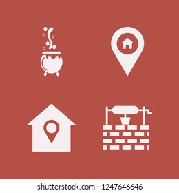 village icon. village vector icons set caldron, house location and water well
