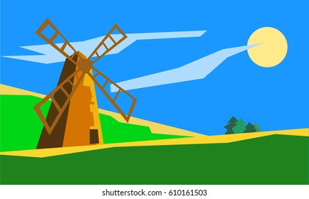 village idyll. Field, mill, sky.