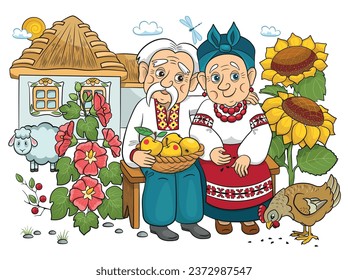 Village illustration. Grandfather and Grandmother cartoon. Ukrainian folk tale about the hen and the golden egg. Chicken Ryaba fairy tale