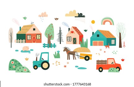 Village illustration with small cute houses, household utensils and rural appliances in childrens style. Landscape with village houses, pets, trees, flowers, weather icons clouds, sun, rainbow.