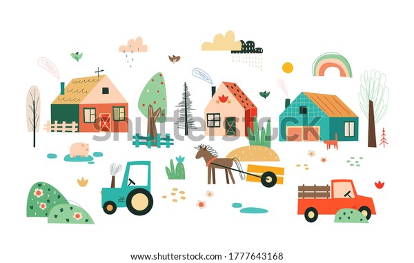 Village illustration with small cute houses,\
household utensils and rural appliances in childrens style.\
Landscape with village houses, pets, trees, flowers, weather icons\
clouds, sun, rainbow.