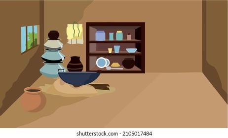 Village kitchen room inside vector artwork